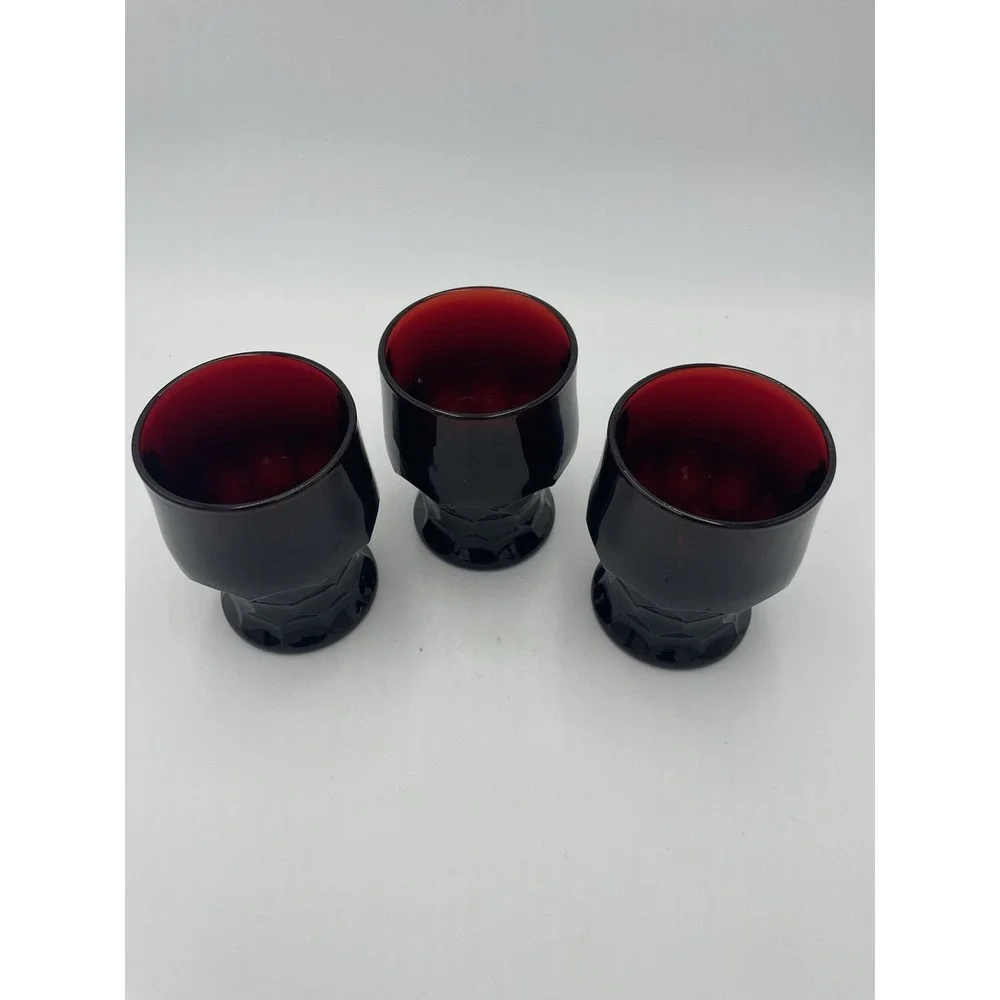 Vtg Set 3 Georgian Dark Ruby Red 8 oz Glass Glasses‎ Cups Drinking 4.25